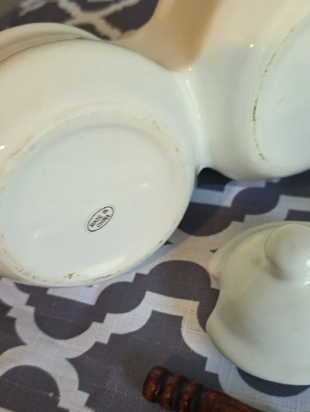 Ceramic Double Condiment Server in Cream with Wooden Spoons